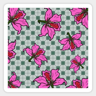 Bauhinia Flower with Forest Green Tile Floor Pattern - Summer Flower Pattern Sticker